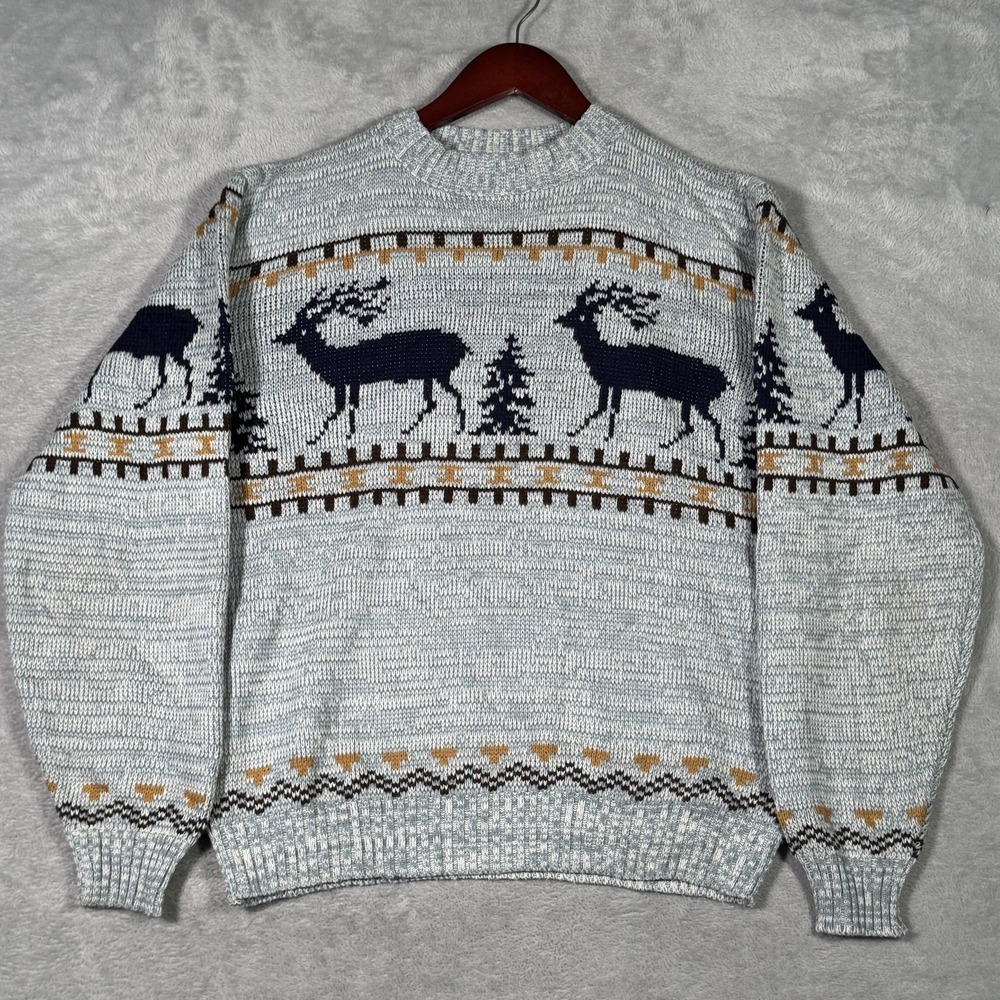 Vintage Cascade Sweater Mens M Blue Acrylic Reindeer Fair Isle Christmas Knit